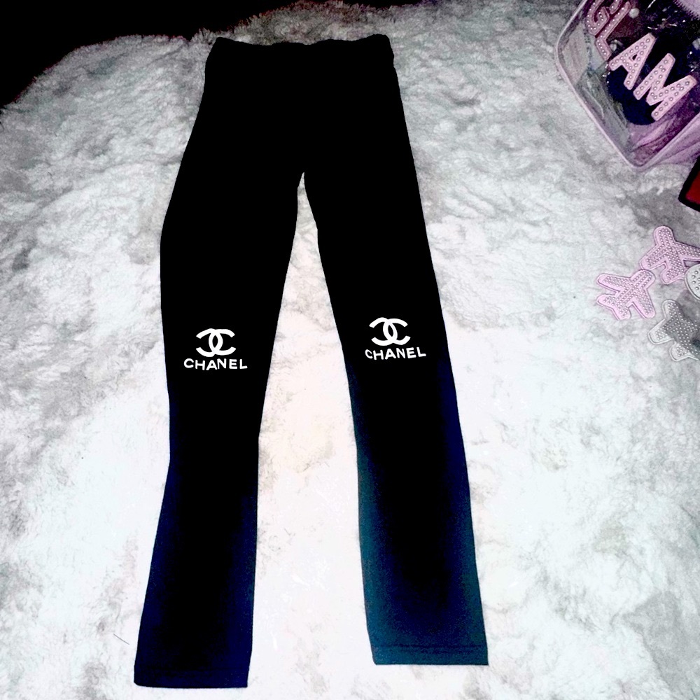Chanel Inspired Black Logo Leggings- small
